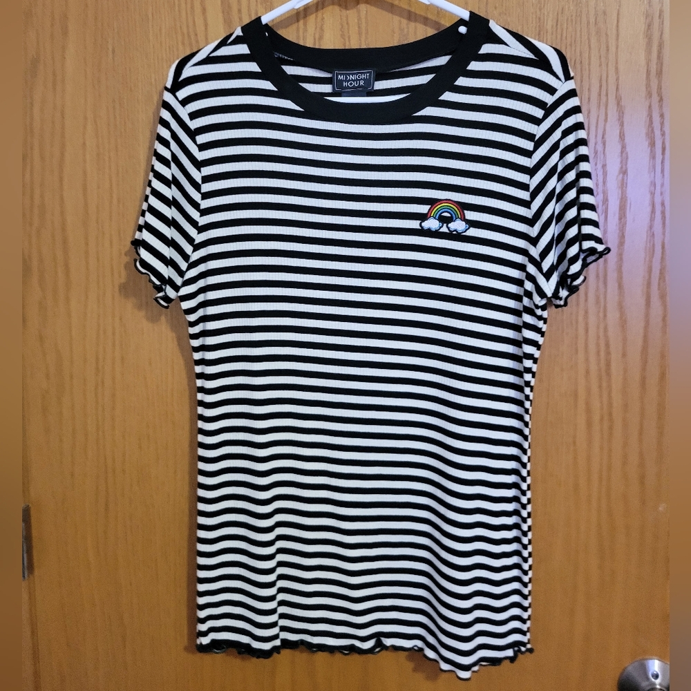 Midnight Hour Large Black/White striped shirt with rainbow patch